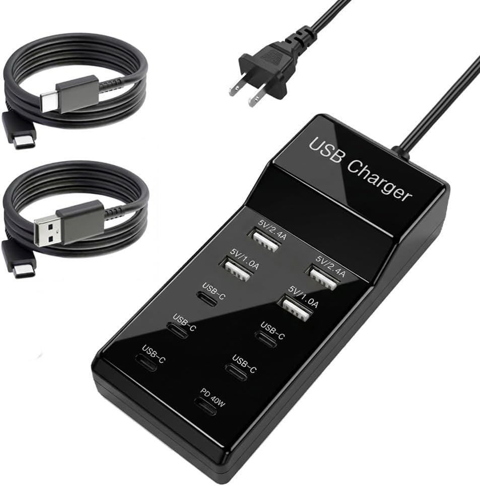 10-Port USB Wall Charger Station with Cables,50W 10A USB C Power Hub for Multiple Device,Phone Charger Block for Samsung Galaxy S25 S24+ S23+ Ultra,Google Pixel,iPhone,Tablet,EarbudsSmartwatch(Black)