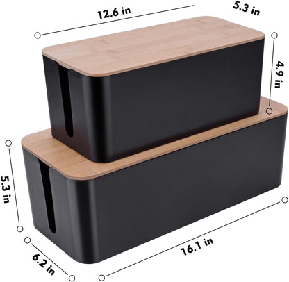 2 Pack Large Cable Management Box – Wooden Style Cord Organizer and Cover for TV Wires, Computer, Router, USB Hub and Under Desk Power Strip – Safe ABS Material and Baby-Pets Proof Lock (White)