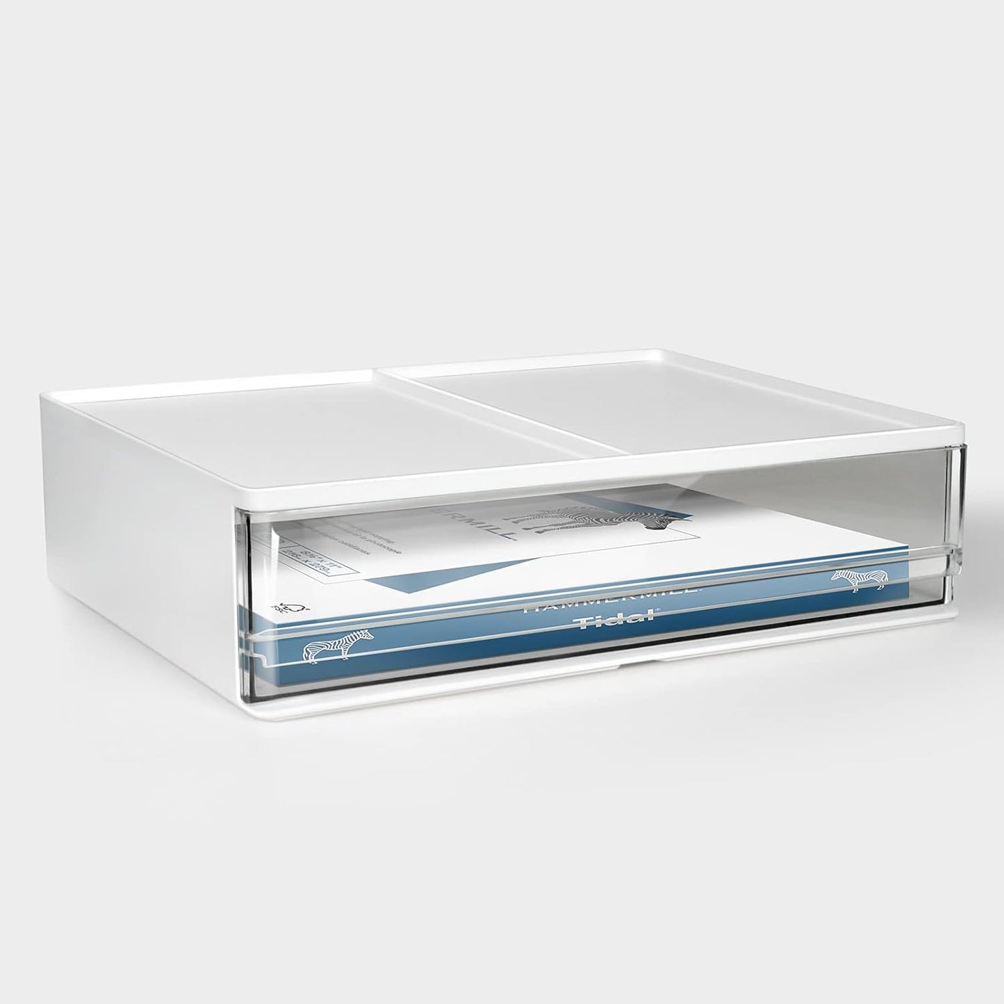 Harhana Printer Paper Holder Desk Organizer with Drawer, Stackable Desktop Storage Drawers 13.5 inch Wide - Pearl White (1 PCS)