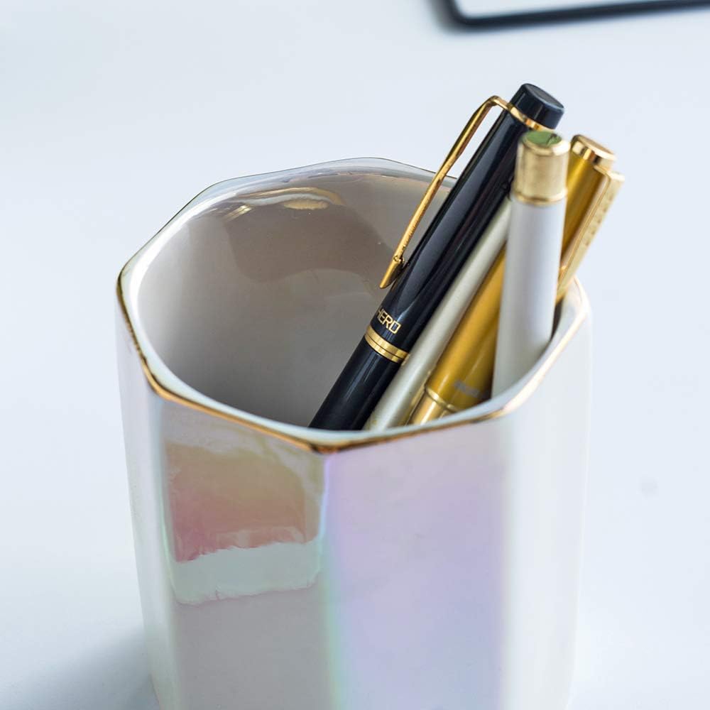 Ceramic Desk Pen Holder Stand Cute Pencil Cup Pot Desk Organizer Makeup Brush Holder,Toothbrush Holders(Pearl)