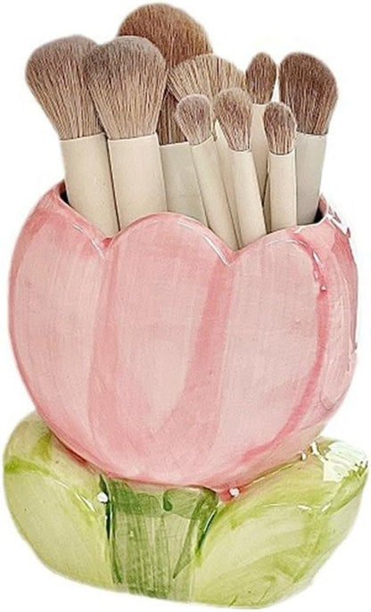 Ceramic Pen Holder for Office Desk, Pink Makeup Brush Holder, Cute Pencil Holder Tulips Home Decor Birthday Gifts for Women Vanity Toothbrush Holder Kawaii Kitchen Utensil Holder