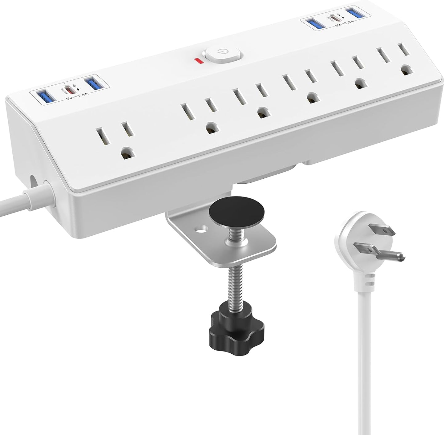 Desk Clamp Power Strip with 40W Fast Charging Station, JXGUCAT 10FT Flat Plug Desk Mount Power Strip Surge Protector, Removable Extension Cord with 2 USB-C Ports 6 Outlets, Fits 1.8" Tabletop Edge