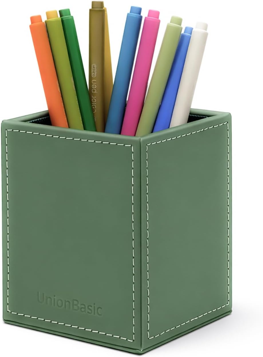 UnionBasic Square Pen Holder, Leather Pencil Cup, Desktop Caddy Stationery Organizer, Beige