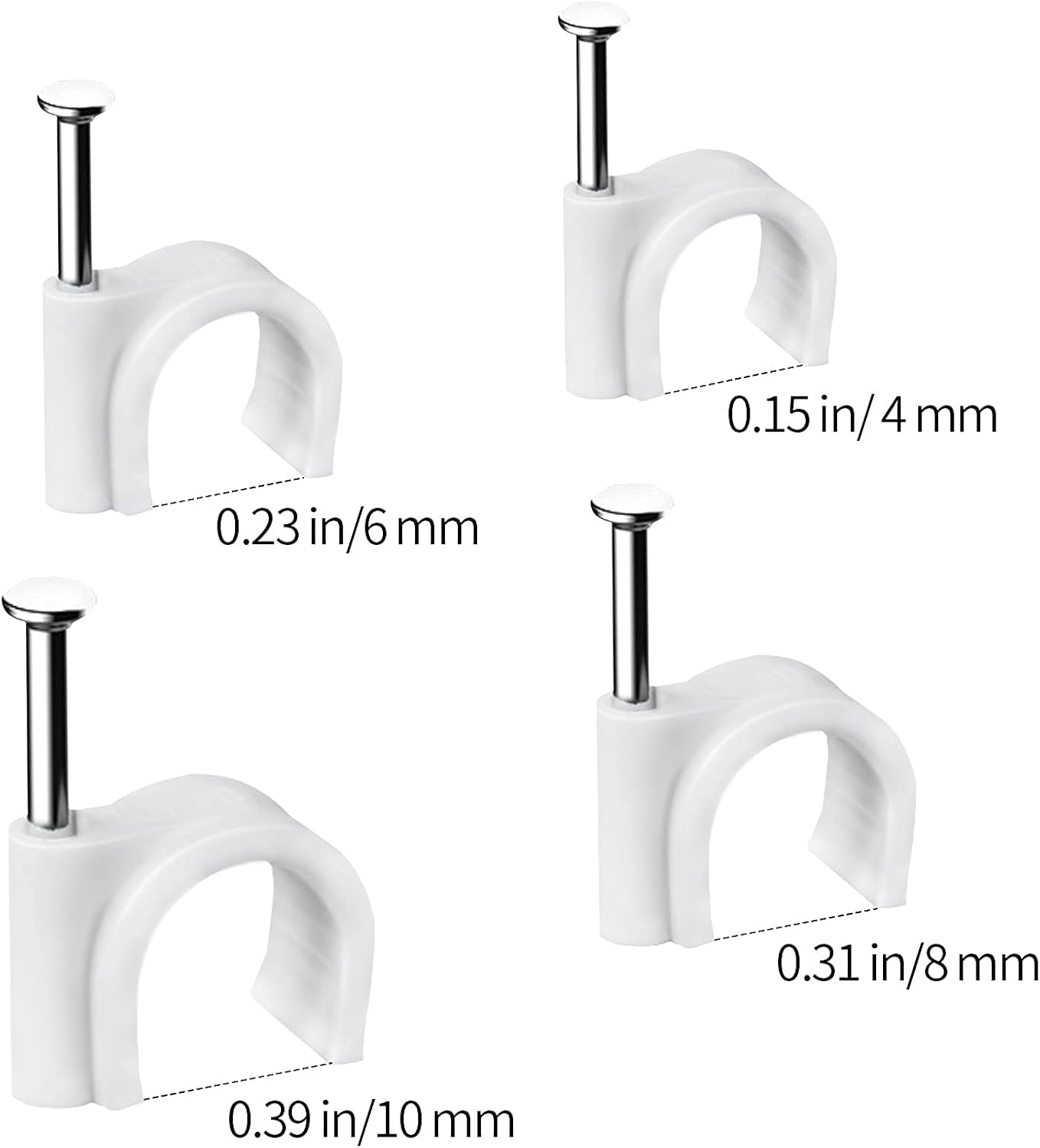 Abnii Cable Clips, 400 Pcs, 4mm 6mm 8mm 10mm, Wire Wall Clips with Steel Nails, Ethernet Cable Clips, Cable Tacks Coax Cable Clips, RG6 RG59 CAT6 RJ45 Cable Cord Clips, White…