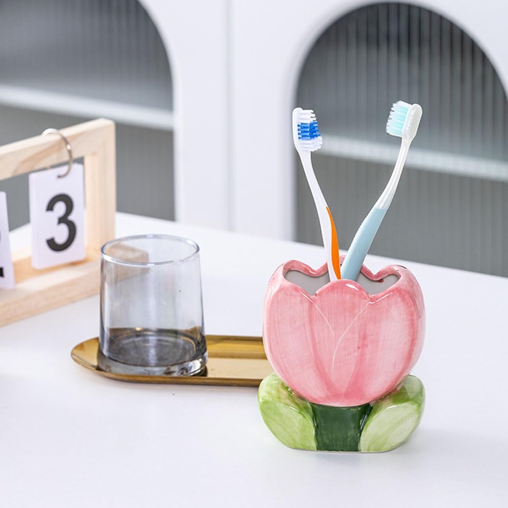 AMZWISH Pink Pen Holder, Ceramic Tulip Flower Design Makeup Brush Holder Stand for Countertop, Vanity Table, Desk Organizer for Bathrooms, Kitchens, Office
