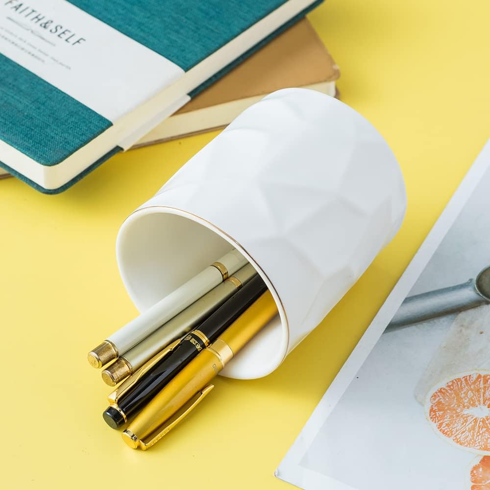 Ceramic Irregular Round Pen Holder For Desk Cute Stand Gold Line Aesthetic Pencil Cup Pot Desk Organizer for Men Women Makeup Brush Holder (Black)