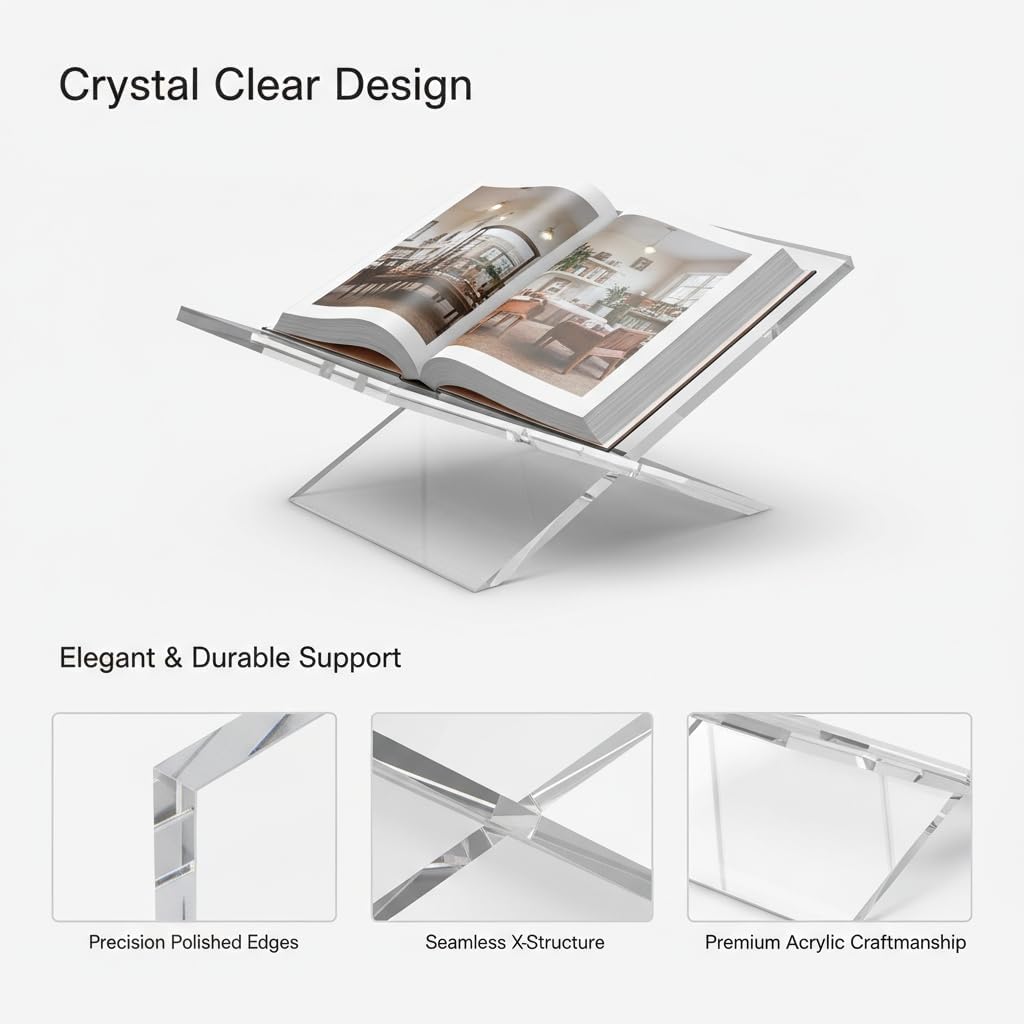Acrylic Book Stand-Open and Closed Bookstand for Display Stand and Reading Coffee Table-Magazine and Book Holder-for Recipe Cookbooks,Documents,Textbook,Art Books,Bibles,Easel-Home and Office-Black