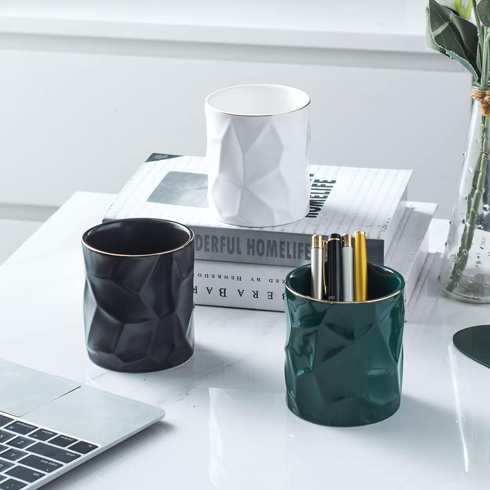 Ceramic Irregular Round Pen Holder For Desk Cute Stand Gold Line Aesthetic Pencil Cup Pot Desk Organizer for Men Women Makeup Brush Holder (Black)