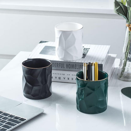 Ceramic Irregular Round Pen Holder For Desk Cute Stand Gold Line Aesthetic Pencil Cup Pot Desk Organizer for Men Women Makeup Brush Holder (Black)
