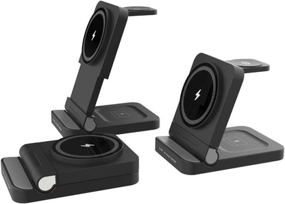 3-in-1 Foldable & Retractable Magnetic Wireless Charger, 15W Fast Charging Station, Portable Fast Charging Stand, Charging for iPhone 17/16/15/14/13/12, Apple Watch, AirPods (Black)