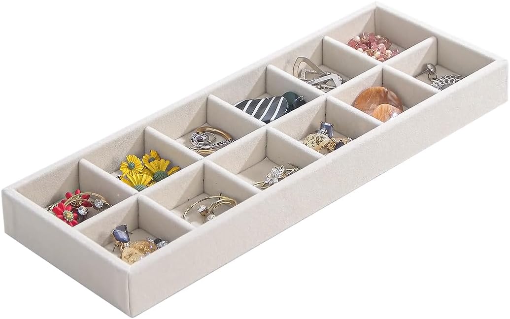 Divided Drawer Organizer Tray, Velvet Jewelry Storage Tray, Necklace Bracelet Ring Earring Display Tray,Bedside Nightstand Desk Holder Tray for Phone Watch Sunglasses Cosmetics Storage/Beige/1grid