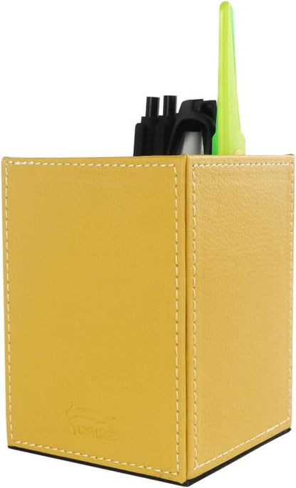 Leather Pen Holder, Brown Pencil Holder, Desktop Elegant Pen Holder for Desk, Stationery Organizer for School Office Home Dorm (3.3" x 3.3" x 4", Brown)