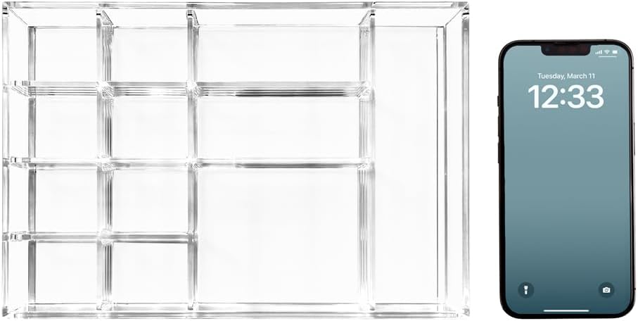 Isaac Jacobs 12-Compartment Clear Acrylic Drawer Organizer (9.4" L x 6.4" W x 1.3" H), Multi-Sectional Tray & Storage Solution for Makeup, School & Office Supplies, Bathroom, Kitchen