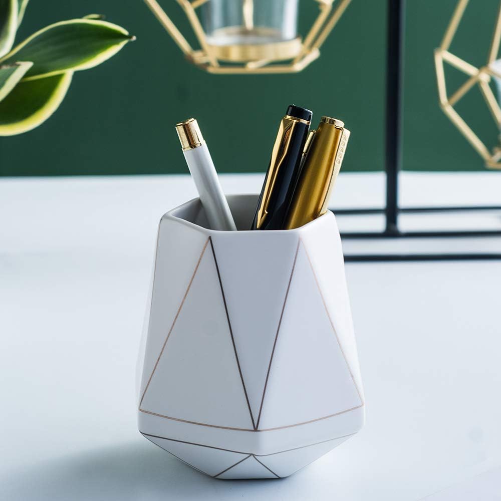 Ceramic Desk Cute Pen Holder Stand Gold Line Pencil Cup Pot Desk Organizer Makeup Brush Holder (White)