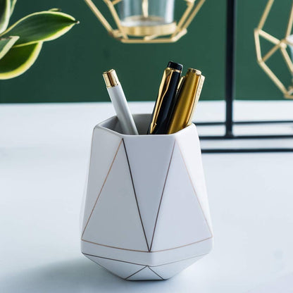 Ceramic Desk Cute Pen Holder Stand Gold Line Pencil Cup Pot Desk Organizer Makeup Brush Holder (White)