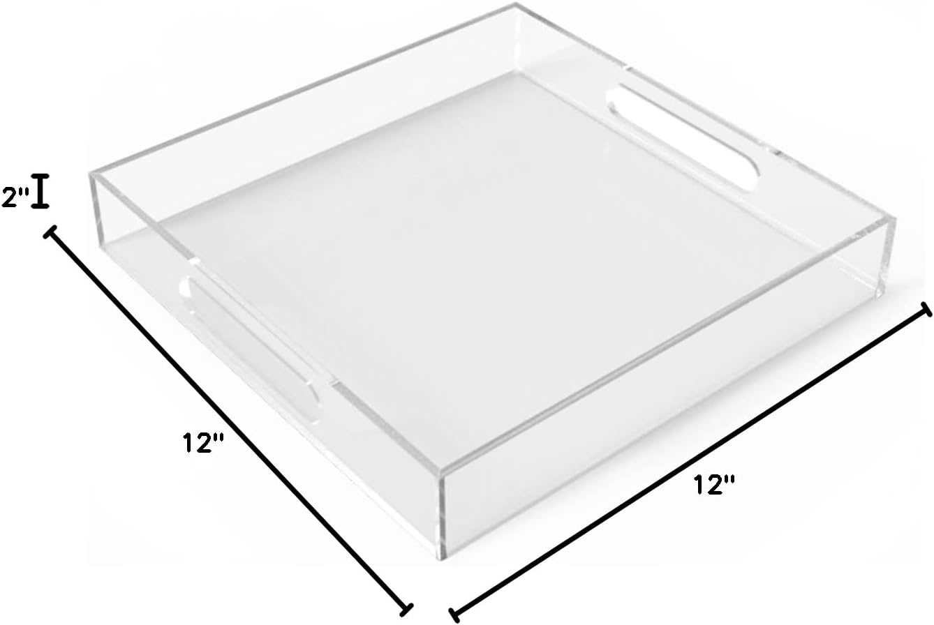 12"x16" Acrylic Serving Tray with Handles, Spill Proof Clear Decorative Tray, Lucite Tray for Coffee Table, Vanity, Makeup Organizer