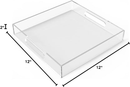 12"x16" Acrylic Serving Tray with Handles, Spill Proof Clear Decorative Tray, Lucite Tray for Coffee Table, Vanity, Makeup Organizer