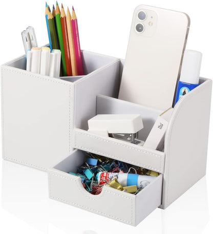 KINGFOM Desk Organizer Office Supplies Caddy Pu Leather Multi-function Storage Box Pen/Pencil,Cell phone, Business Name Cards Remote Control Holder with Small Drawer Black