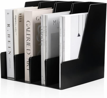 CiWiVOKi Vertical Magazine File Holder, Desk Organizer and Storage for Magazines, Binders, Notebooks, Envelopes, Multi-Purpose Desktop File Organizer for Home, Office & Classroom, 4 Pack, Black