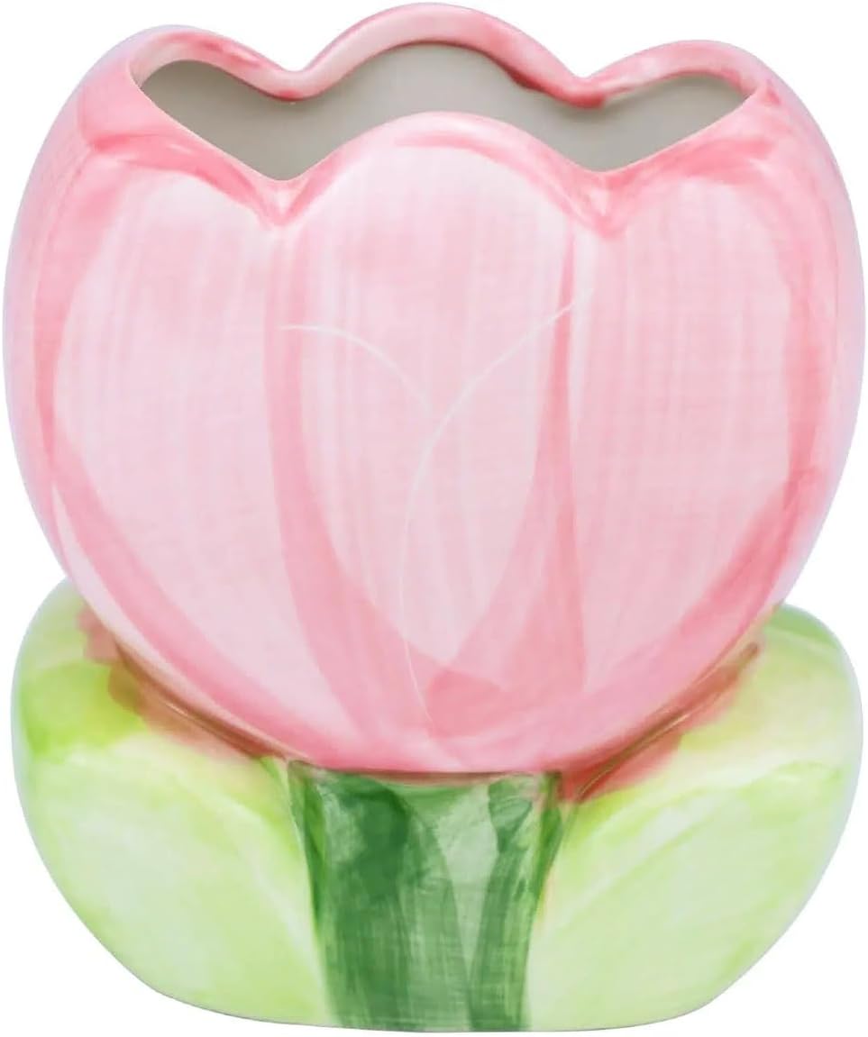 Pink Pencil Holder,Ceramic Tulip Pen Holder, Multi-Purpose Makeup Brush, Aesthetic Office Vanity Kitchen Desktop Decor,Perfect Birthday Christmas Gift for Women Girls