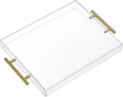12"x16" Clear Acrylic Serving Tray with Golden Handles, Sturdy Huge Capacity Acrylic Tray for Coffee, Juice, Kitchen and Desk Organizer, Storage Tray (12"x16")