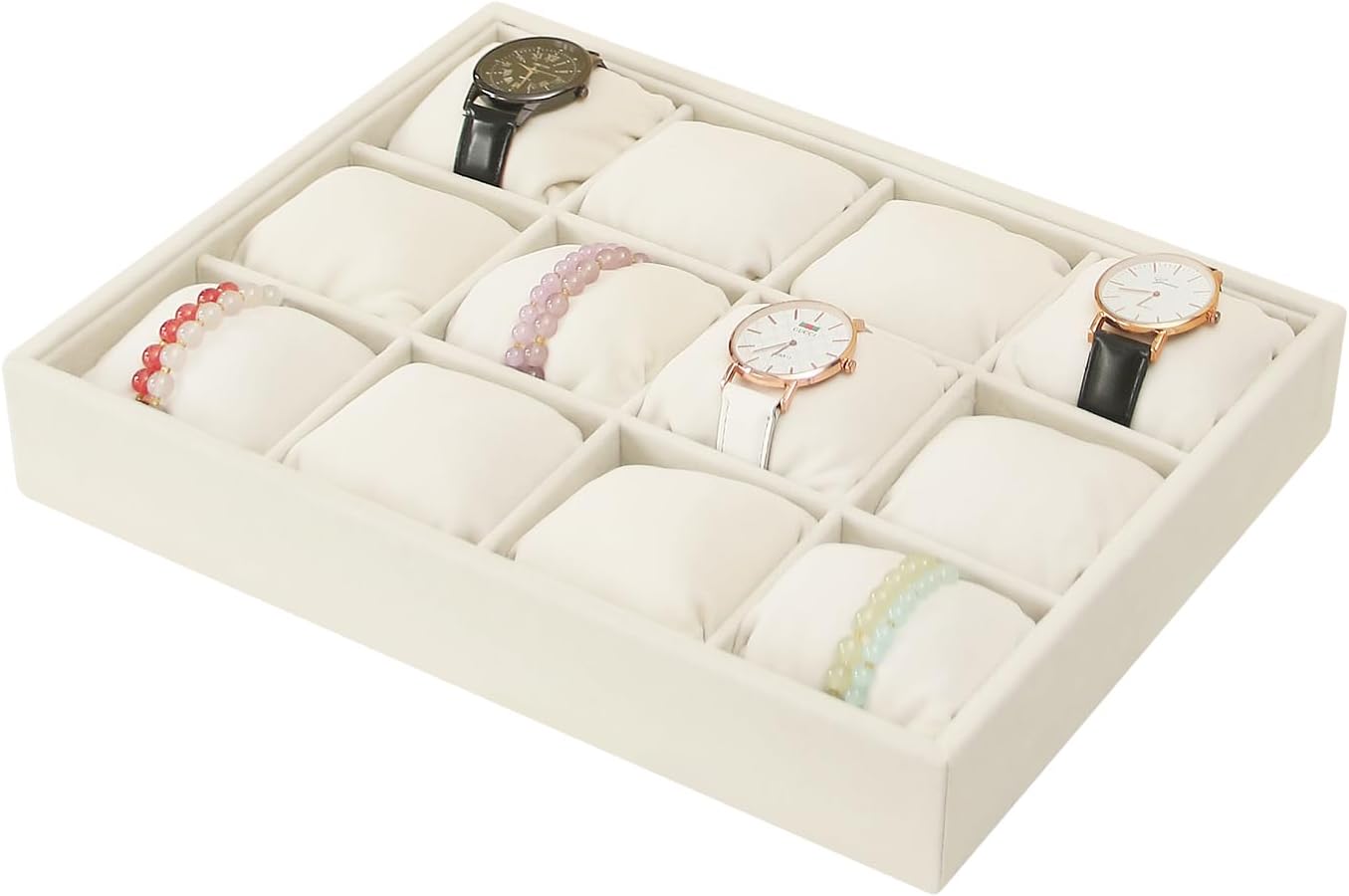 Coward Stackable Jewelry Trays Organizer Set with Clear Lid, Trays for Drawer, Earring Necklace Bracelet Ring Display Organizer (beige(ring+12girds+30girds+The glass lid))