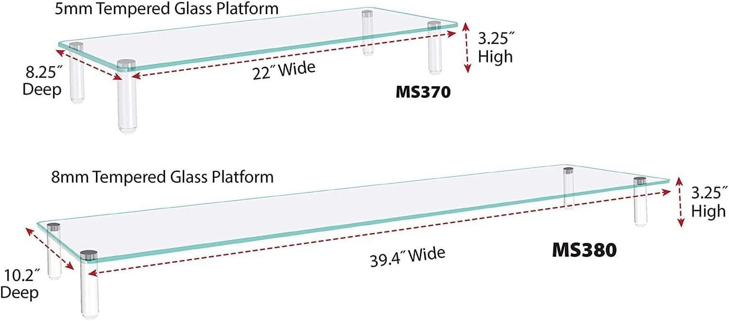 Kantek Extra-Wide Glass Monitor Riser with 8mm Tempered Glass Platform and 60-Pound Capacity, Clear Glass (MS380), 3.3" x 39.4" x 10.2"