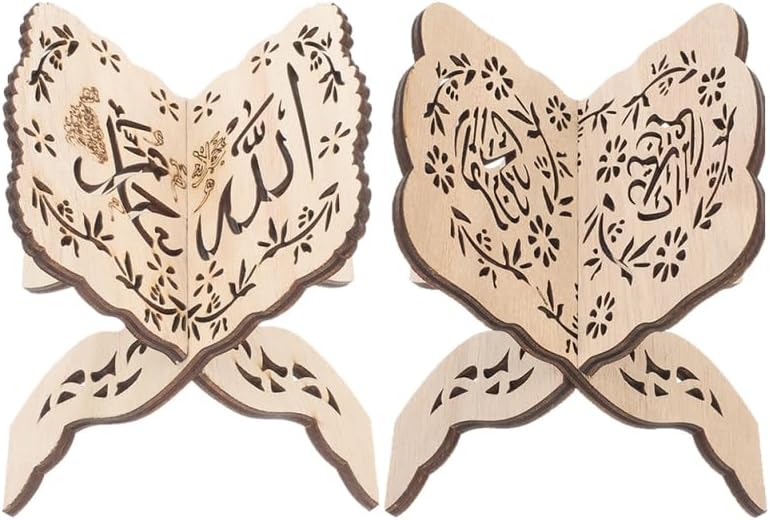 2Pcs Quran Holder Book Stand Wooden Carved Prayer Book Display Holder for Bible Magazine Cookbook