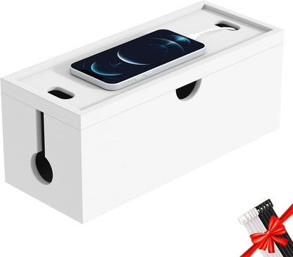Bamboo Cable Management Box, Large Cord Organizer Box Cable Box to Hide Wires & Power Strips for Desktop Storage Cord Holder for Office Home,No Assembley Required (All White, Large)