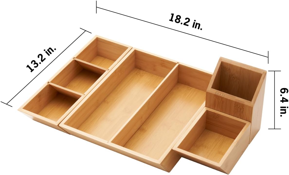 TRINITY EcoStorage 4-Piece Bamboo Desk & Drawer Organizer Set, Multi-Use Home & Office Storage Bins with Removable Compartment Dividers