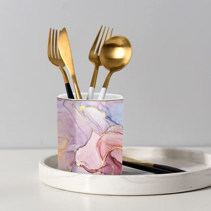 WAVEYU Ceramic Pen Holder for Desk Cute, Pencil Cup Pot Desk Organizer, Makeup Brush Holder for Women, Men, Kids, Desk Marble Decor for Office, Classroom, Home, Gray Golden
