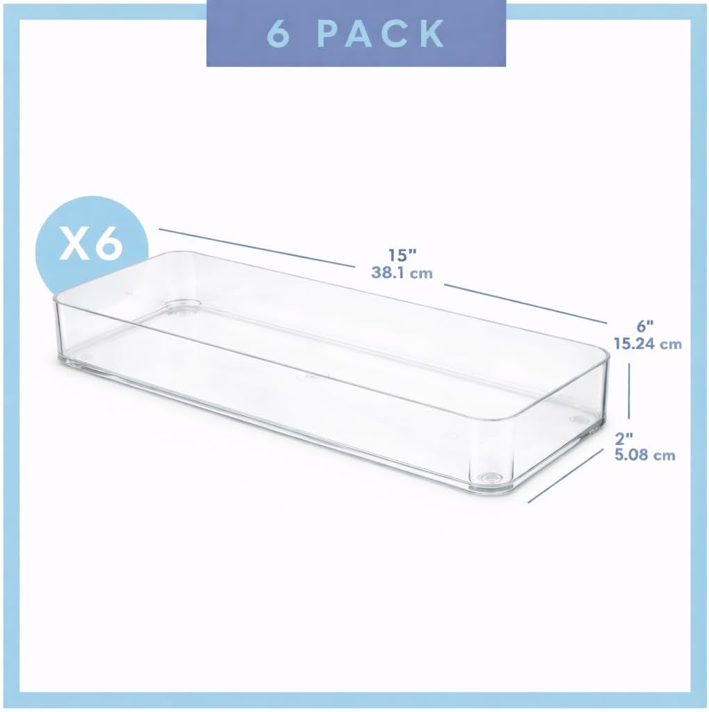 primebox Plastic Clear Drawer Organizers. Bathroom. Kitchen, Bedroom, Utensils, Office Organizer Bins, Storage Trays. Stackable. 9" x 6" x 2" Set of 6
