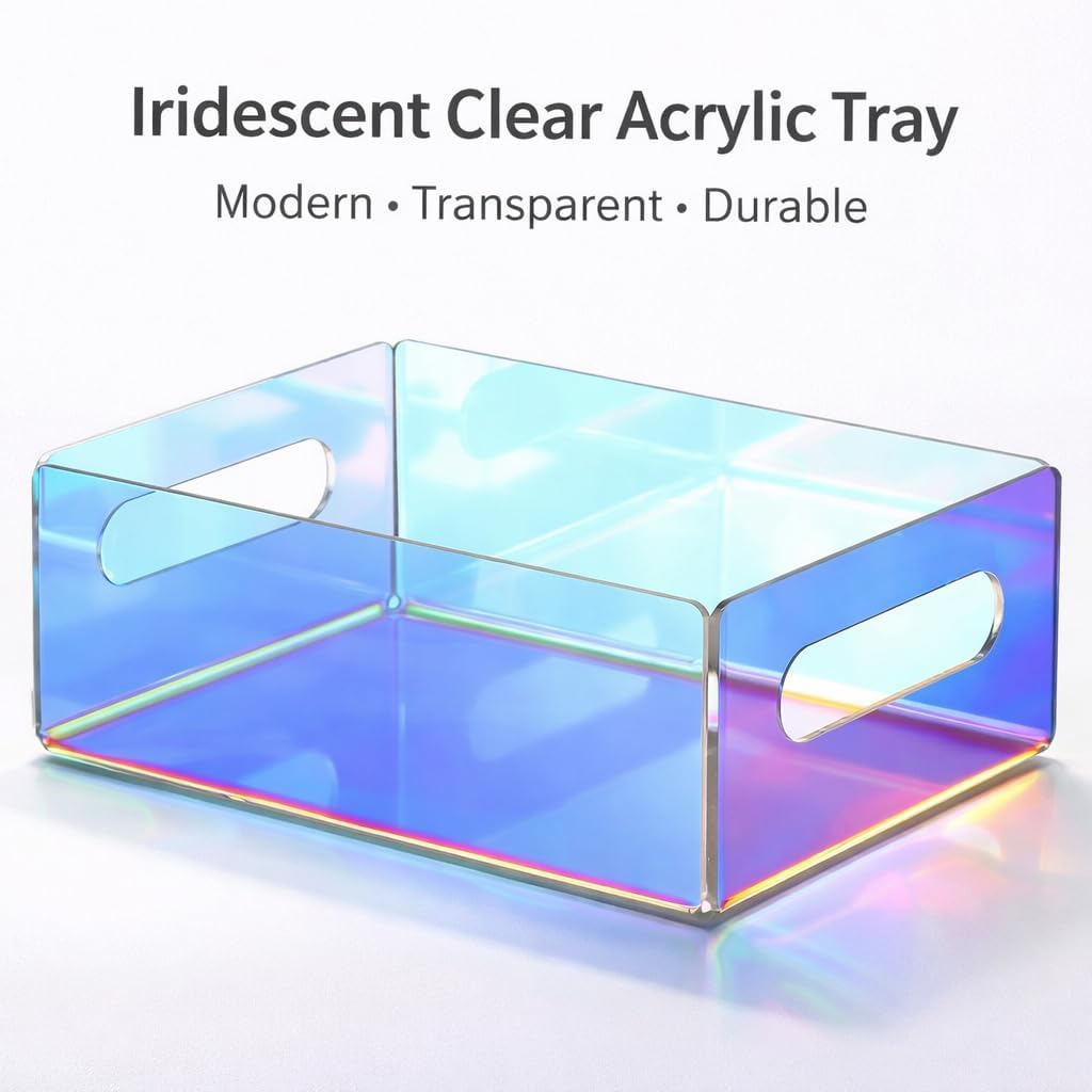 Iridescent Acrylic Square Tray Letter Organizer,Clear Lucite Acrylic Desk Paper Tray for Files Documents Notebooks,StackableTransparent Catch All Tray for Office or Coffee Table (8.66 x 6.5 x 3.35 in)
