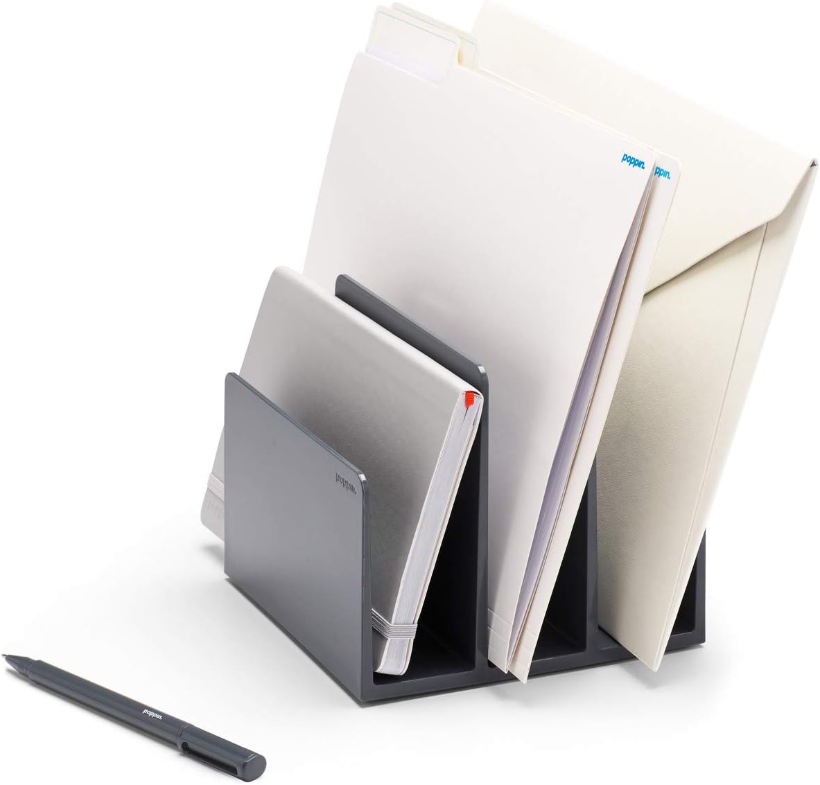 Poppin Fin File Sorter - 3-Compartment File Organizer, Sturdy and Durable Document Organizer, Sleek Design with Lacquer-like Finish, File Folder Organizer for Desk (Dark Gray)