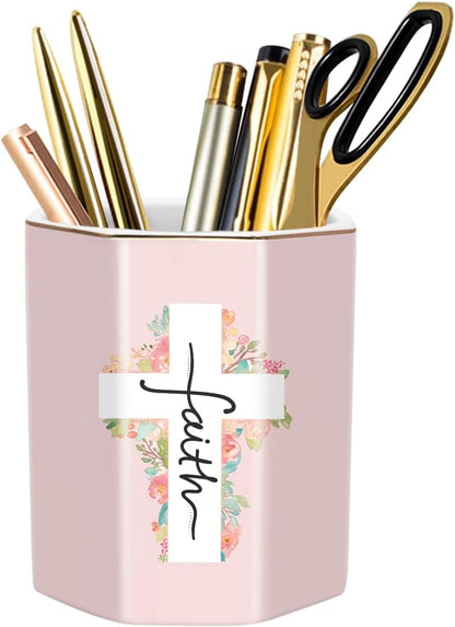WAVEYU Ceramic Pen Holder for Desk Cute, Pencil Cup Pot Desk Organizer, Makeup Brush Holder for Women, Men, Kids, Desk Marble Decor for Office, Classroom, Home, Gray Golden