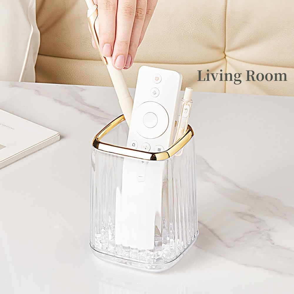 Acrylic Pen Holder, Cute Clear Green Desk Organizer for Pencils, Makeup Brushes Toothbrushes Storage Cup with Striped Design for Vanity Bathroom