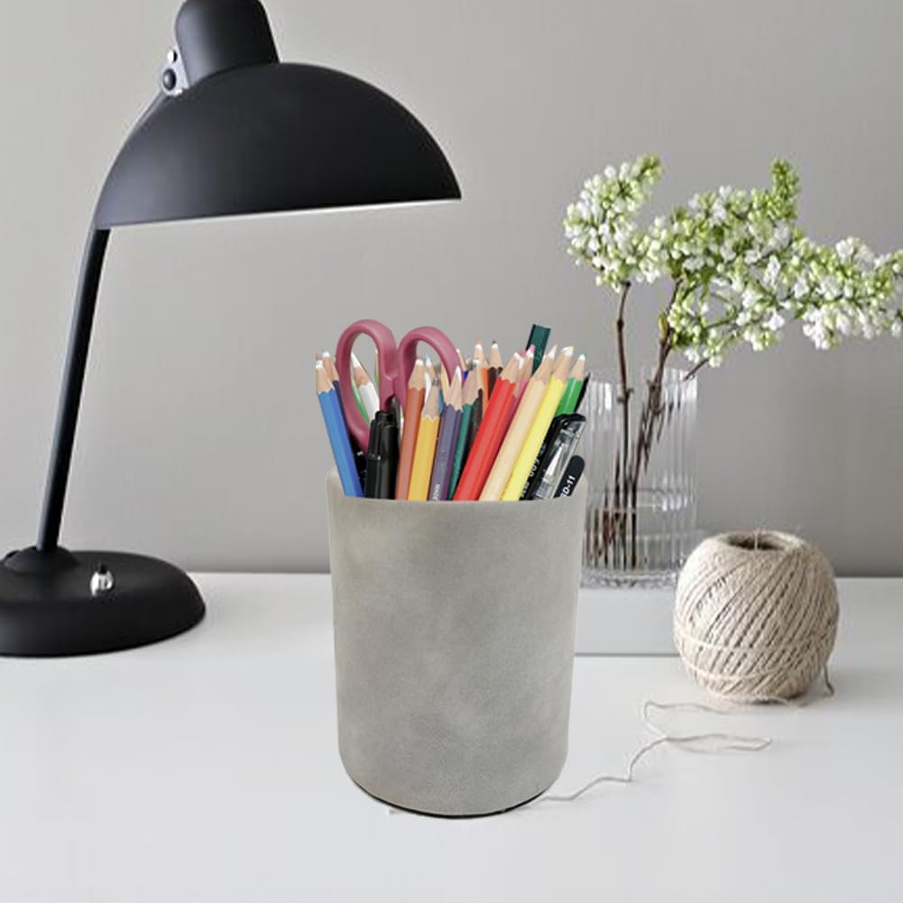 Leather Pen Holder, Brown Pencil Holder, Desktop Elegant Pen Holder for Desk, Stationery Organizer for School Office Home Dorm (3.3" x 3.3" x 4", Brown)