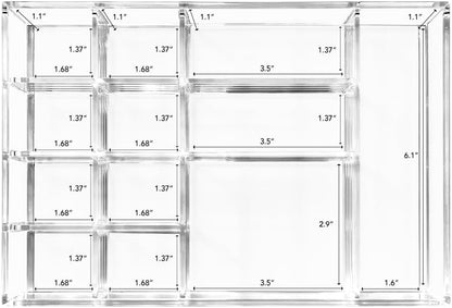 Isaac Jacobs 12-Compartment Clear Acrylic Drawer Organizer (9.4" L x 6.4" W x 1.3" H), Multi-Sectional Tray & Storage Solution for Makeup, School & Office Supplies, Bathroom, Kitchen