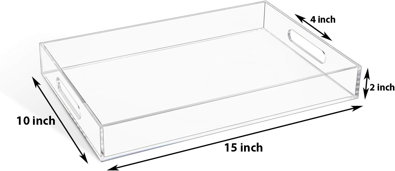 KEVLANG Clear Sturdy Acrylic Serving Tray with Handles-12x16Inch-Serving Coffee,Appetizer,Breakfast,Butler-Kitchen Countertop -Makeup Drawer Organizer-Vanity Table -Ottoman