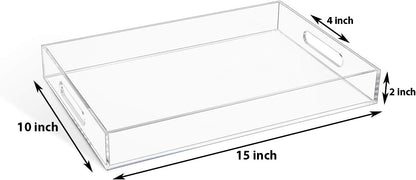 KEVLANG Clear Sturdy Acrylic Serving Tray with Handles-12x16Inch-Serving Coffee,Appetizer,Breakfast,Butler-Kitchen Countertop -Makeup Drawer Organizer-Vanity Table -Ottoman