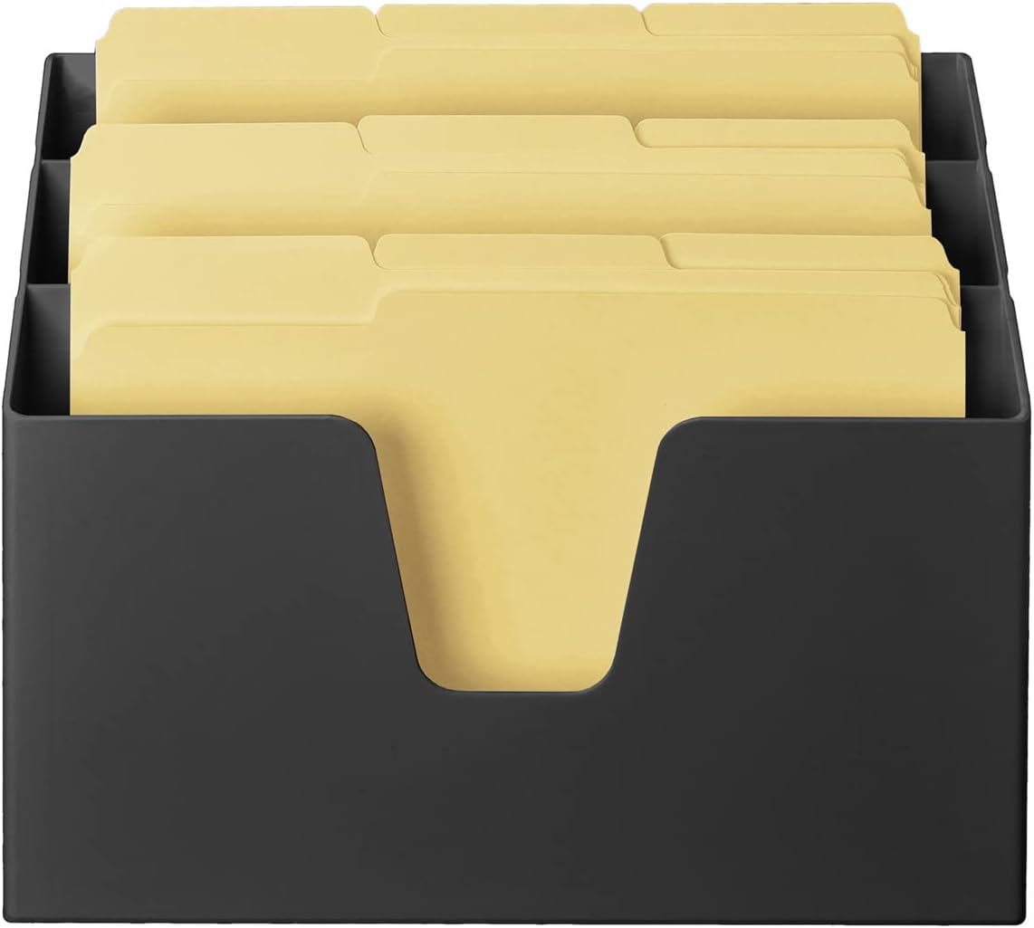 Acrimet Horizontal Triple File Folder Holder Organizer, Open-Top Desktop Document Sorter for Letter Size Papers & Folders, Includes 9 Manila Folders, Plastic Black