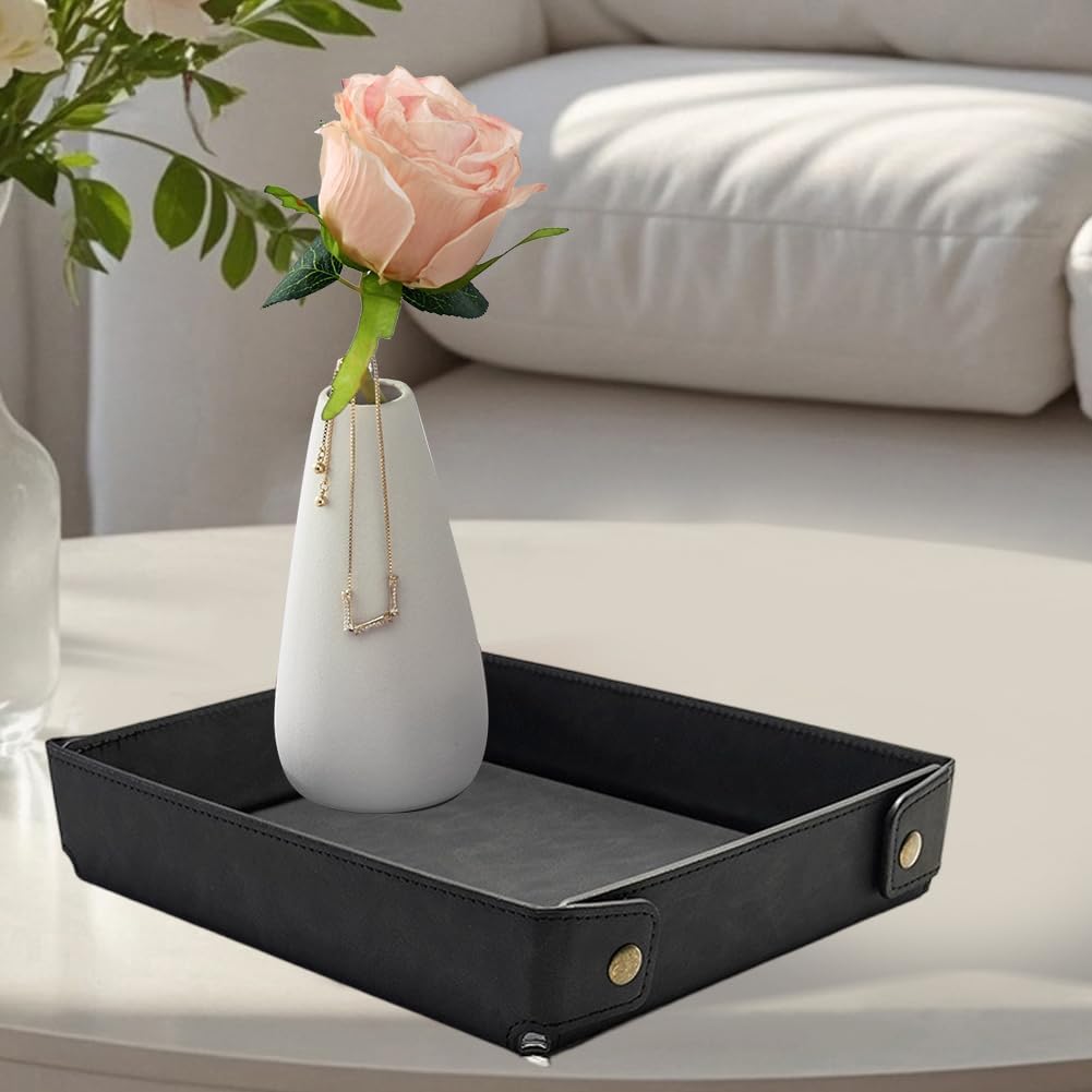 Portable PU Leather Valet Tray for Travel Foldable Leather Jewelry Storage Case Catchall Dish Plate Necklace Black Pendant Organizer Holder Container for Men Women Desk Bedside Drawers