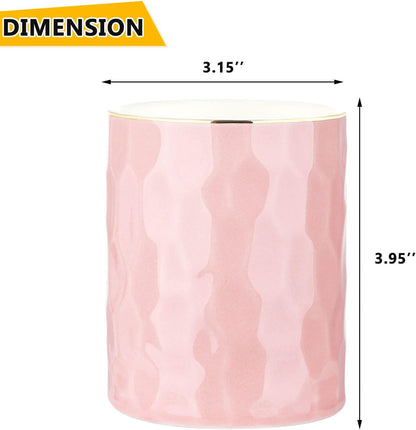 WHJY Ceramic Pink Pencil Cup, Makeup brushes Holder, Gold Pen Holder for Desk Cute Small Boho Brush Holder, Modern Geometry Design Pen Holder
