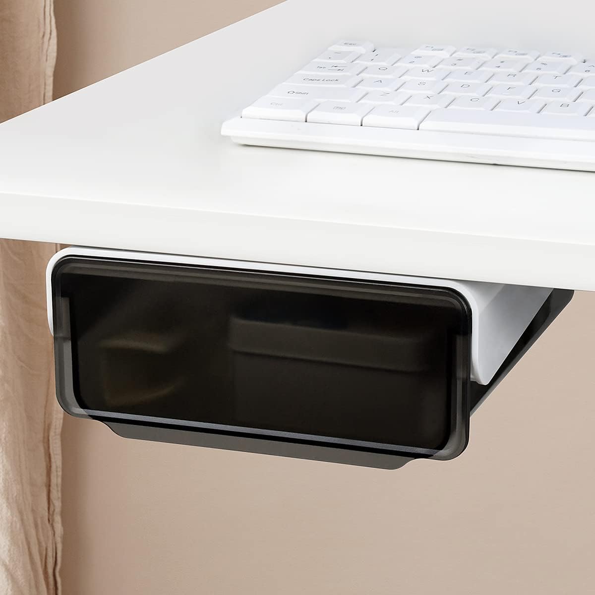 yuntop 1 Pcs Under Desk Drawer, Under Table Hidden Organizer, Plastic Self-adhesive Slide out Under Desk Storage Drawer for Office Dresser Home School Stationery Kitchen (Black)