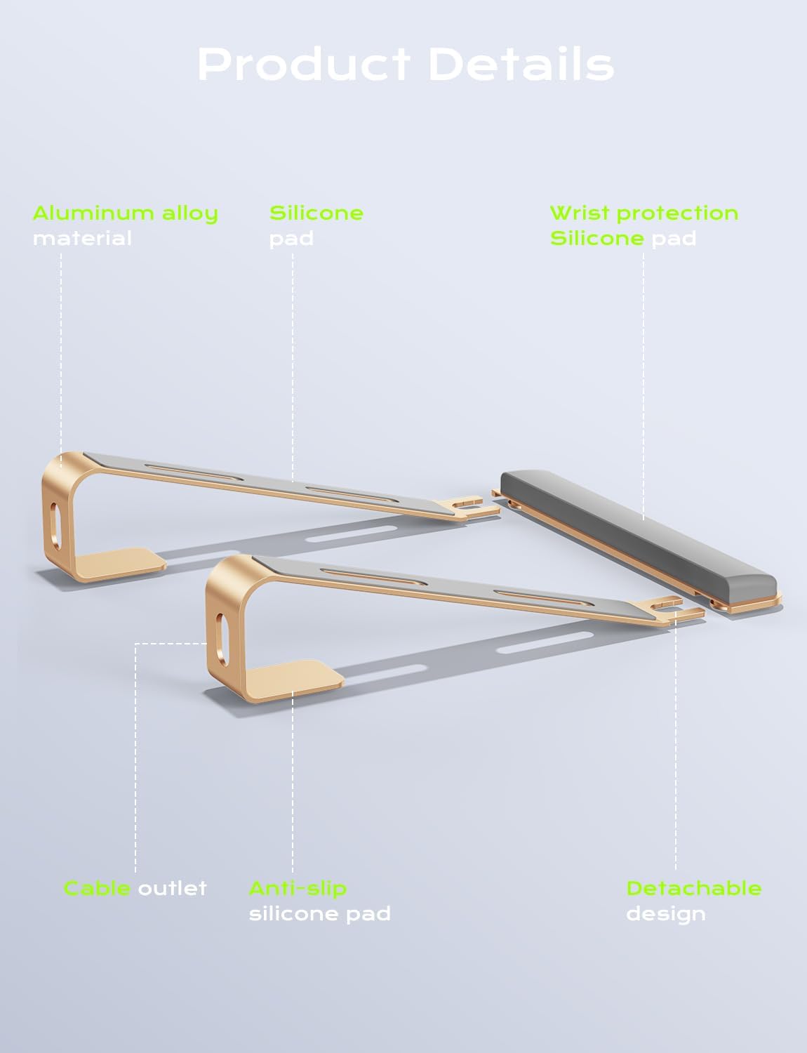 JCZT Aluminum Laptop Stand, Notebook Stand with Wrist Rest, Ergonomic Detachable Laptop Mount, Computer Stand Compatible with 10-17'' All Laptops Such as MacBook Air Pro/HP/Dell/Lenovo, Gold