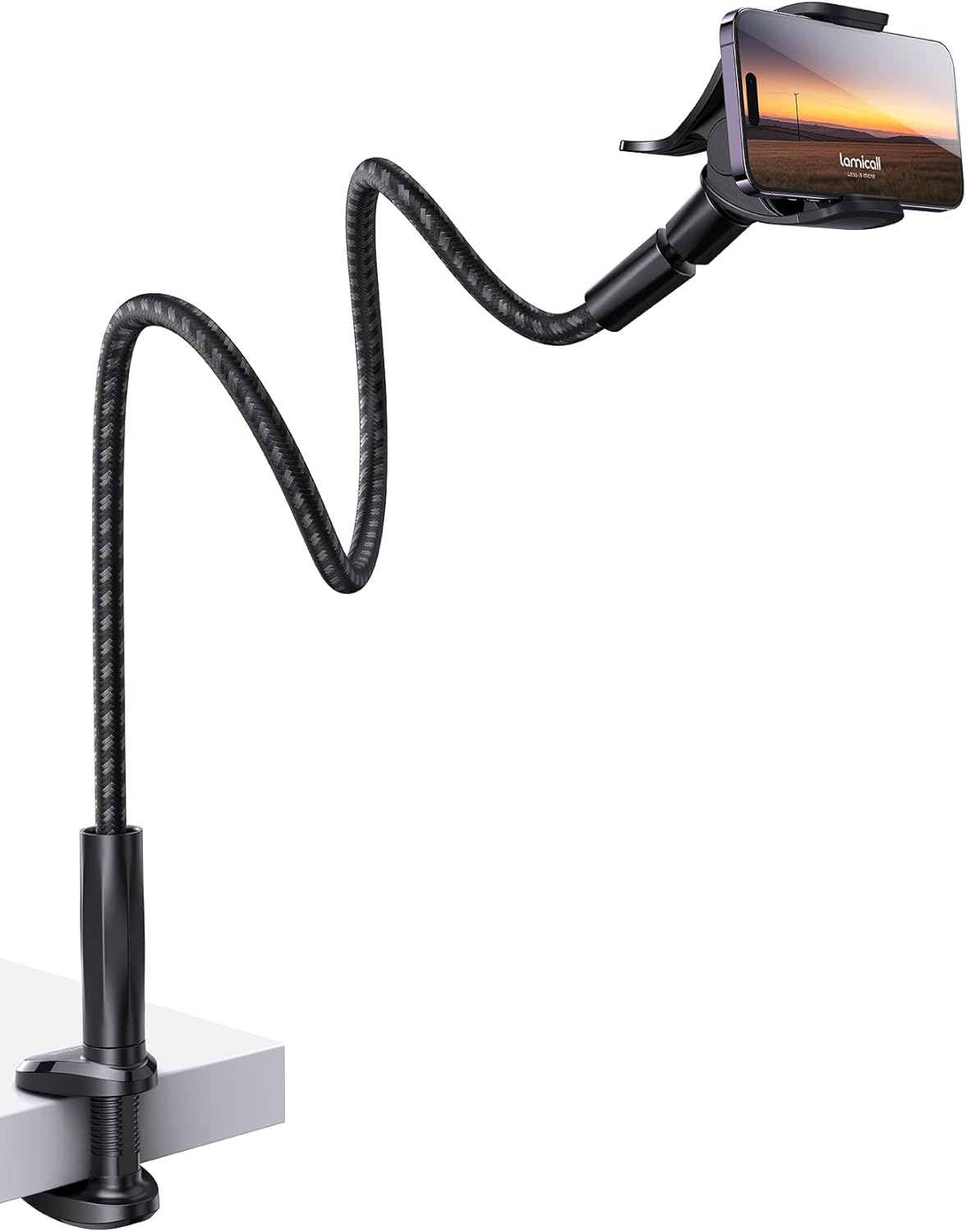 Lamicall Gooseneck Phone Holder Bed - [Nylon Braided] Flexible Arm, 38inch Overall Length, 360 Adjustable Clamp Clip, Overhead Cell Phone Mount Stand for Bed, Desk, 4-7” Cellphone, Gifts