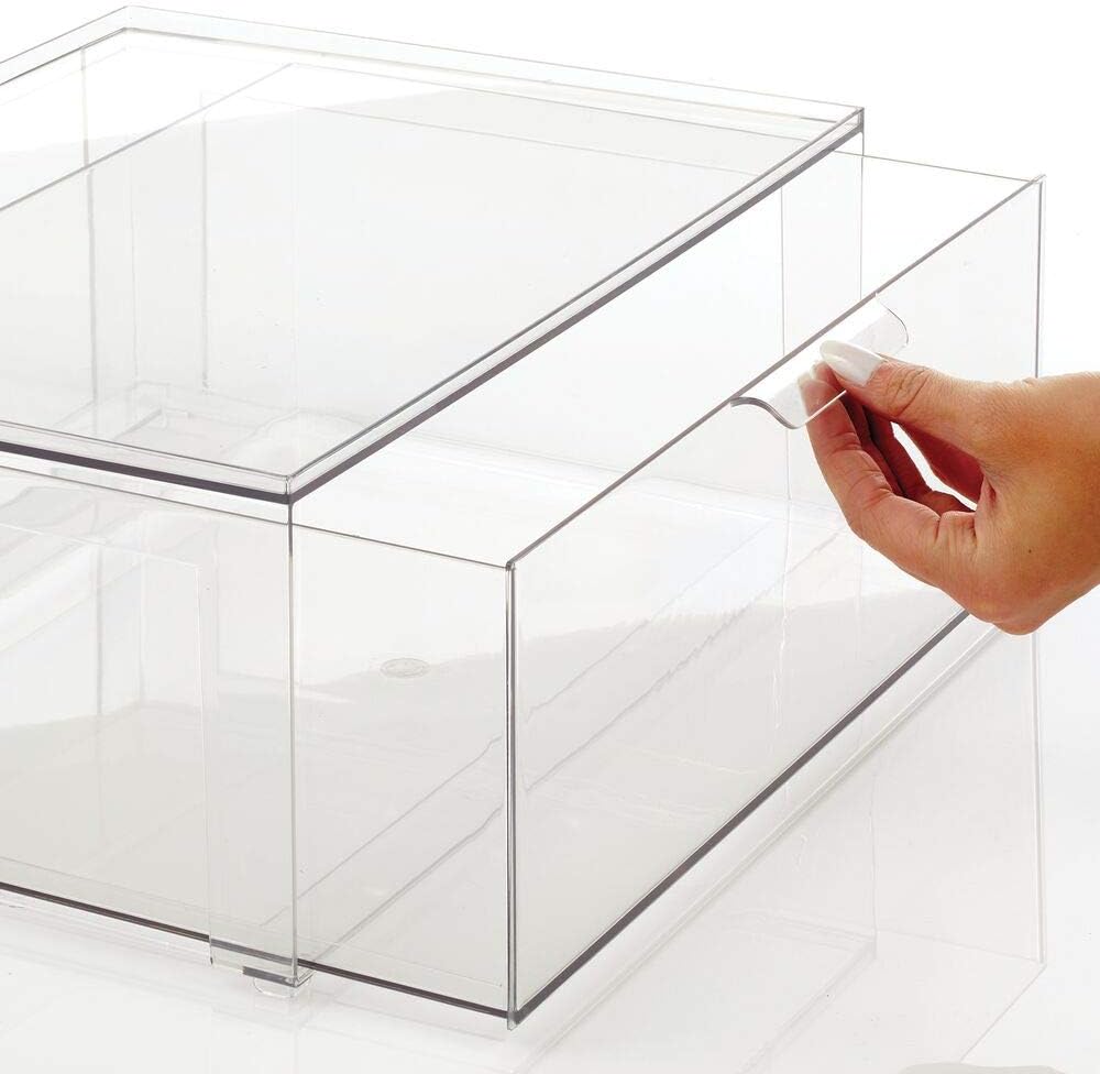 mDesign Plastic Stackable Closet Storage Organizer Bin Containers with Front Pull Drawer for Cabinet, Desk, Shelf, Cupboard, or Dresser Organization - Lumiere Collection - Clear