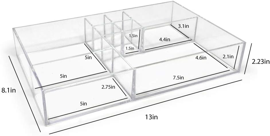Isaac Jacobs 8-Compartment Clear Acrylic Drawer Organizer (13" L x 8.1" W x 2.3" H), Multi-Sectional Tray & Storage Solution for Makeup, School & Office Supplies, Bathroom, Kitchen