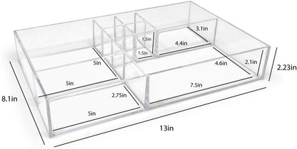 Isaac Jacobs 8-Compartment Clear Acrylic Drawer Organizer (13" L x 8.1" W x 2.3" H), Multi-Sectional Tray & Storage Solution for Makeup, School & Office Supplies, Bathroom, Kitchen