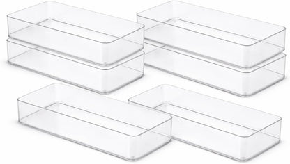 primebox Plastic Clear Drawer Organizers. Bathroom. Kitchen, Bedroom, Utensils, Office Organizer Bins, Storage Trays. Stackable. 9" x 6" x 2" Set of 6